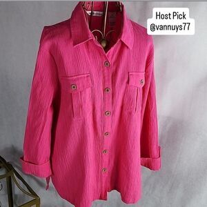 Textured Pink Barbie Core Button-down Shirt